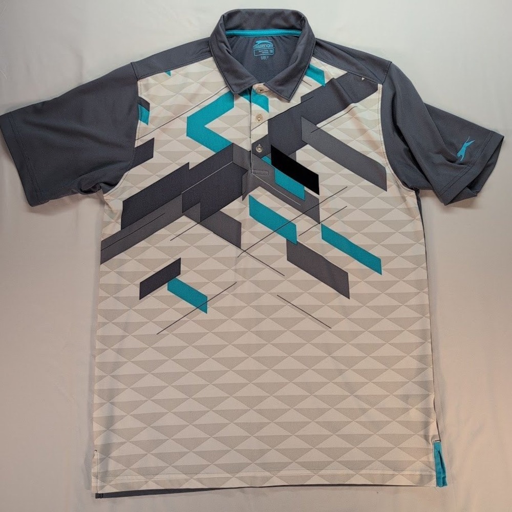 Slazenger Golf Mens Polo Shirt Geometric Abstract Print Grey Teal Short Sleeve M